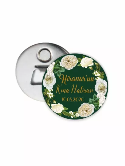 Kına Hediyesi Açacak Magneti Yeşil Zemin Beyaz Çiçekler Çerçeve Tema | 58mm Magnet Açacak | Zajabaskı