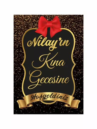 Kına Karşılama Panosu Modelleri ve Fiyatları Gold Işıltı Kırmızı Fiyonk Tema | Zajabaskı