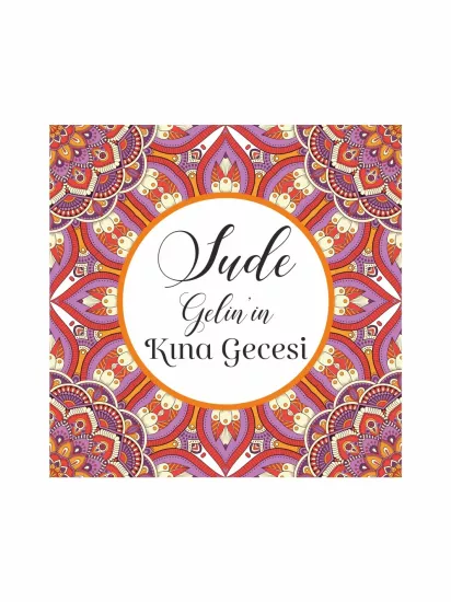 Kına Pist Kaplama Yer Afişi Beyaz Zemin Turuncu Çerçeveli Mor Pembe Etnik Desenli Gelin İsmi Özel Modelleri ve Fiyatları | Zajabaskı
