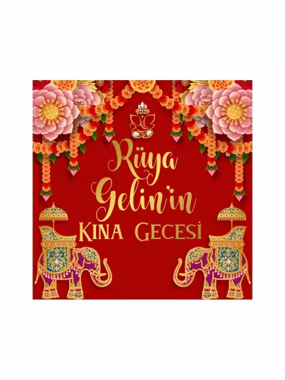 Kına Pist Kaplama Yer Afişi Kırmızı Zemin Fil ve Çiçekli Hint Konsept Gelin İsmi Özel Modelleri ve Fiyatları | Zajabaskı