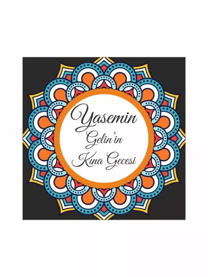 Kına Pist Kaplama Yer Afişi Siyah Zemin Turuncu Mavi Mandala Desenli Yuvarlak Gelin İsmi Özel Modelleri ve Fiyatları | Zajabaskı