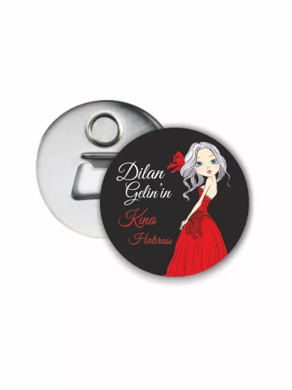 Kırmızı Elbiseli Gelin Tema Kına Açacak Magnet | 58mm Magnet Açacak | Zajabaskı