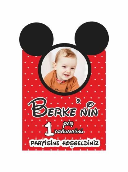 Kırmızı Puantiyeli Kulak Temalı Fotoğraflı 1 Yaş Bebek Doğum Günü Karşılama Panosu Modelleri ve Fiyatları | Zajabaskı