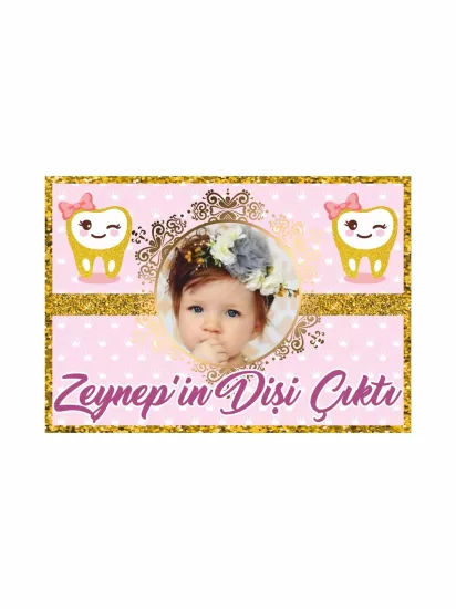 Zaja Baskı Kız Bebek Resimli Diş Partisi Afişi Pembe Gold Sim Tema