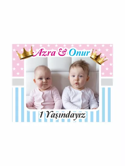 Kız Erkek İkiz Bebekler 1 Yaş Pembe Mavi Doğum Günü Magneti | Zajabaskı