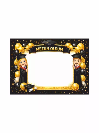 Mezun Oldum Siyah Gold Balonlu Mezuniyet Hatıra Çerçevesi 100x70 | Zajabaskı