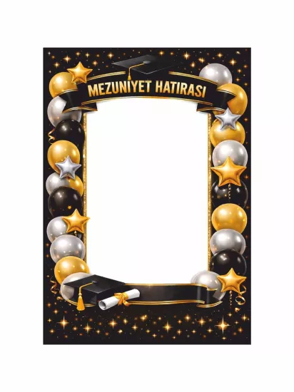 Siyah Gold Balonlu Yıldızlı Mezuniyet Hatıra Çerçevesi 100x70 | Zajabaskı