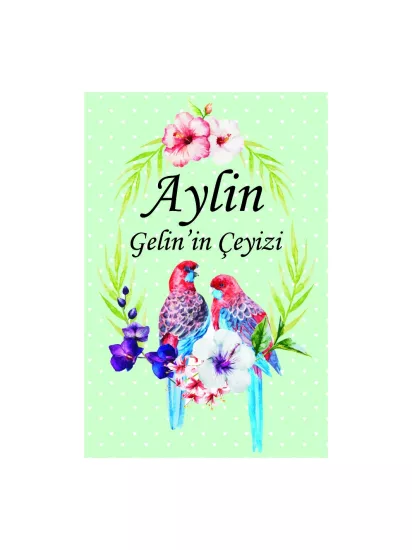 Mint Yeşili Kuş Figürlü Çiçek Desenli Gelin Çeyiz Kolisi Etiketi Modelleri ve Fiyatları