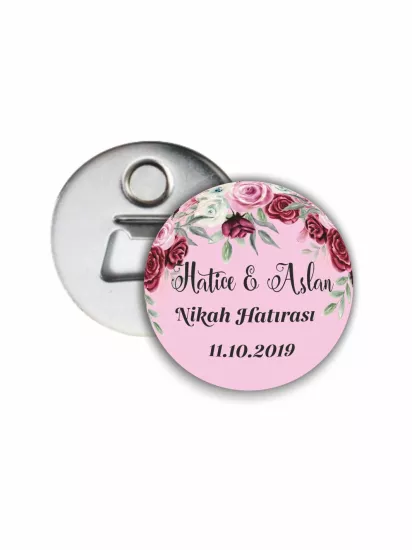 Nikah Hatırası Açacak Magnet Pembe Zemin Bordo Çiçek Tema | 58mm Magnet Açacak | Zajabaskı