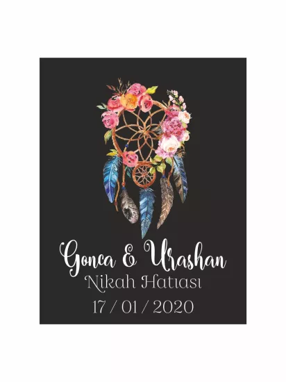Nikah Söz Nişan Düğün Hatıra Magneti Siyah Zemin Dreamcatcher Tüy ve Çiçek Desenli Bohem Konsept Modelleri ve Fiyatları | Zajabaskı