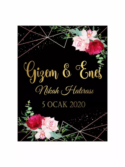 Nikah Söz Nişan Düğün Hatıra Magneti Siyah Zemin Gold Yazılı Kırmızı Gül Çiçekli Lüks Konsept Modelleri ve Fiyatları | Zajabaskı