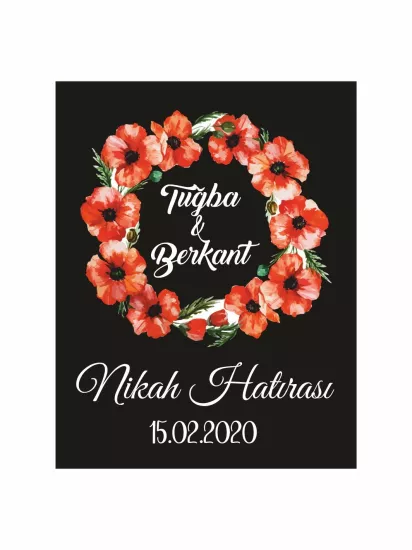 Nikah Söz Nişan Düğün Hatıra Magneti Siyah Zemin Kırmızı Gelincik Çiçek Çelenkli Romantik Botanik Konsept Modelleri ve Fiyatları | Zajabaskı