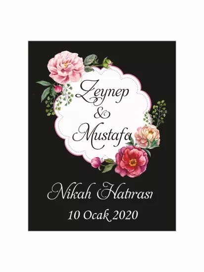 Nikah Söz Nişan Düğün Hatıra Magneti Siyah Zemin Pembe Çiçekli Oval Etiket Çerçeveli Romantik Konsept Modelleri ve Fiyatları | Zajabaskı