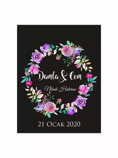 Nikah Söz Nişan Düğün Hatıra Magneti Siyah Zemin Renkli Çiçek Çelenkli Romantik Bahar Konsept Modelleri ve Fiyatları | Zajabaskı