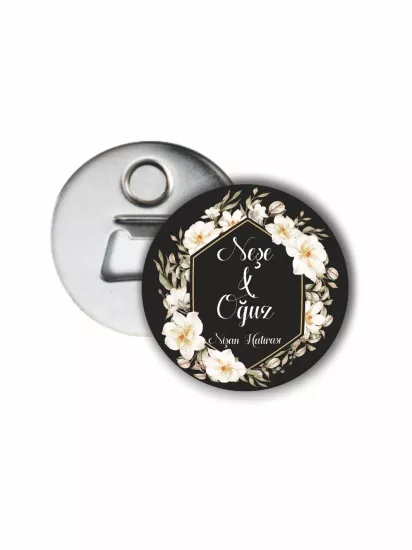 Nişan Hatırası Açacak Magnet Beyaz Çiçek Çerçeve Tema | 58mm Magnet Açacak | Zajabaskı