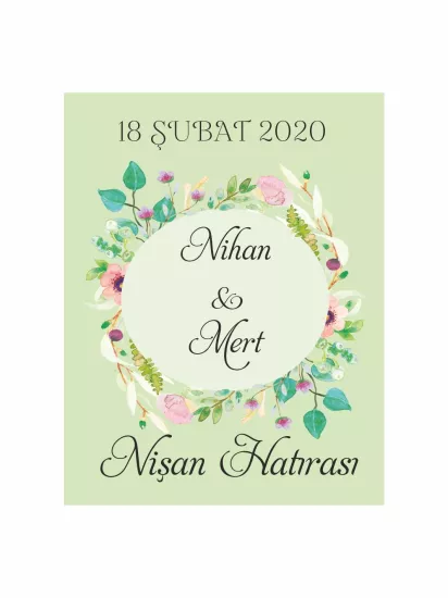 Nişan Söz Nikah Düğün Hatıra Magneti Açık Yeşil Zemin Çiçek Çelenkli Romantik Bahar Konsept Modelleri ve Fiyatları | Zajabaskı