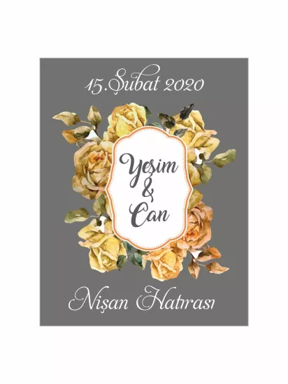Nişan Söz Nikah Düğün Hatıra Magneti Modelleri ve Fiyatları – Vintage Sarı Gül Çiçekli Gri Zemin Magnet | Zajabaskı