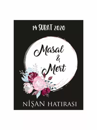Nişan Söz Nikah Düğün Hatıra Magneti Modelleri ve Fiyatları – Siyah Zemin Fırça Efektli Daire Çerçeveli Çiçekli Modern Magnet | Zajabaskı