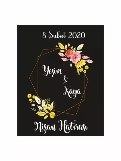 Nişan Söz Nikah Düğün Hatıra Magneti Modelleri ve Fiyatları – Siyah Zemin Gold Geometrik Çerçeveli Sarı Çiçekli Zarif Magnet | Zajabaskı
