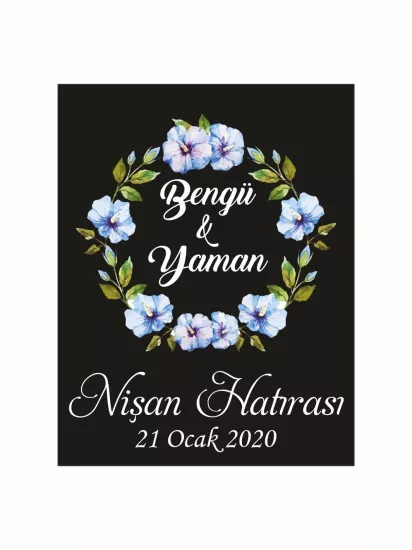 Nişan Söz Nikah Düğün Hatıra Magneti Modelleri ve Fiyatları – Siyah Zemin Mavi Çiçek Çelenkli Romantik Botanik Magnet | Zajabaskı