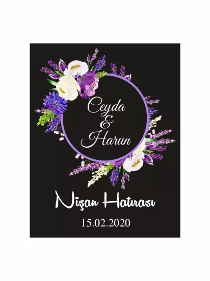 Nişan Söz Nikah Düğün Hatıra Magneti Modelleri ve Fiyatları – Siyah Zemin Mor Çiçekli Daire Çerçeveli Zarif Romantik Magnet | Zajabaskı