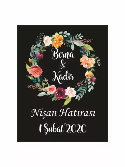 Nişan Söz Nikah Düğün Hatıra Magneti Modelleri ve Fiyatları – Siyah Zemin Renkli Çiçek Çelenkli Vintage Romantik Magnet | Zajabaskı