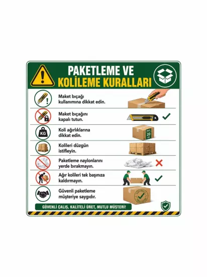 Paketleme ve Kolileme Kuralları Uyarı Levhası 40x40cm | Zajabaskı