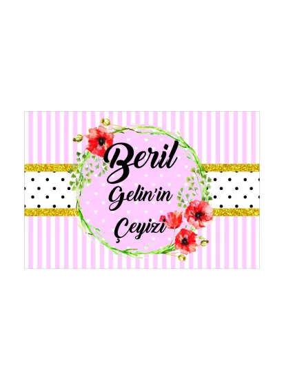 Pembe Çizgili Kır Çiçekli Çelenk Tasarımlı Gelin Çeyiz Kolisi Etiketi Modelleri ve Fiyatları