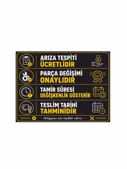 Servis Arıza Tespit Uyarı Levhası 40x30cm | Teknik Servis Levhası | Zajabaskı