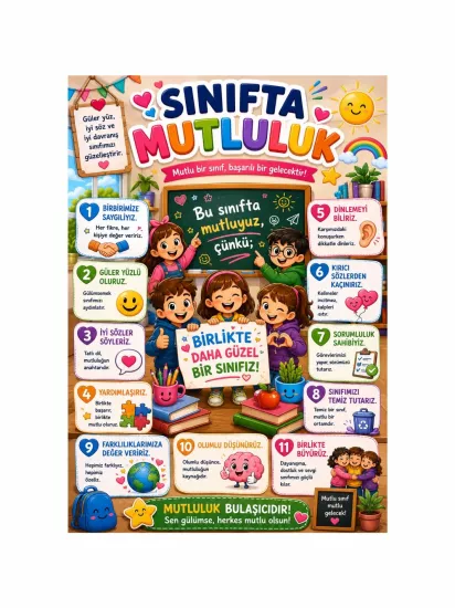 Sınıfta Mutluluk Afişi Öğrenci Okul Afişi | Eğitici Poster | ZajaBaskı