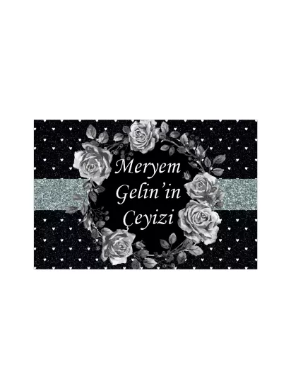 Siyah Beyaz Gül Desenli Sim Detaylı Çelenk Tasarımlı Gelin Çeyiz Kolisi Etiketi Modelleri ve Fiyatları