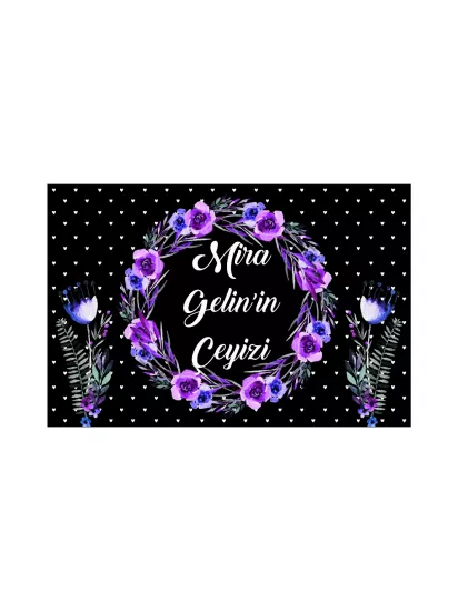 Siyah Zeminli Mor Çiçek Çelenk Tasarımlı Gelin Çeyiz Kolisi Etiketi Modelleri ve Fiyatları