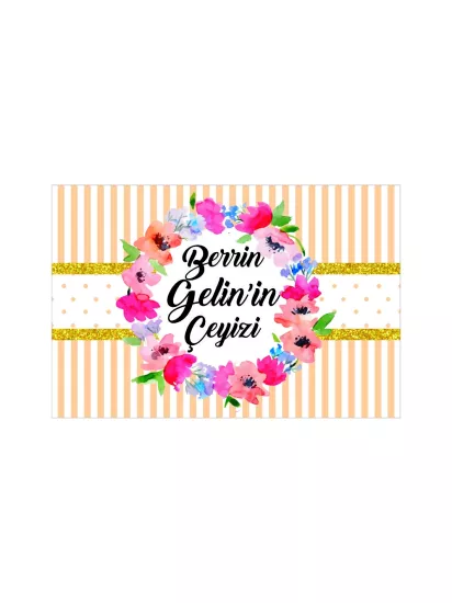 Somon Renk Çizgili Zeminli Renkli Çiçekli Çelenk Tasarımlı Gelin Çeyiz Kolisi Etiketi Modelleri ve Fiyatları