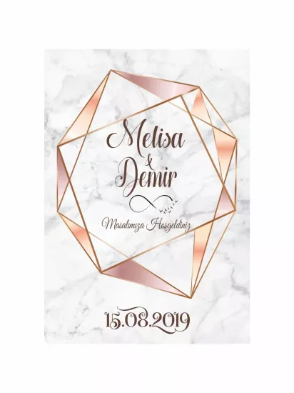 Söz Nişan Düğün Ayaklı Karşılama Panosu Modelleri ve Fiyatları – Mermer Zemin Rose Gold Geometrik Çerçeveli Modern Konsept | Zajabaskı