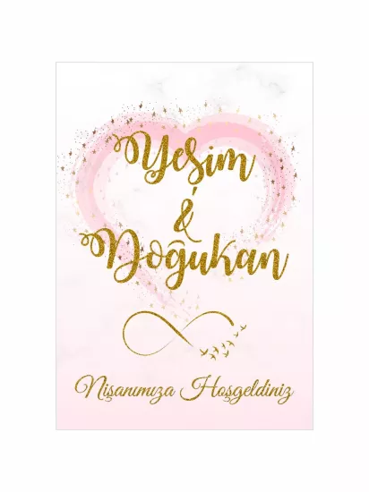 Söz Nişan Düğün Ayaklı Karşılama Panosu Modelleri ve Fiyatları – Pembe Kalp Zemin Gold Simli Yazılı Romantik Konsept | Zajabaskı