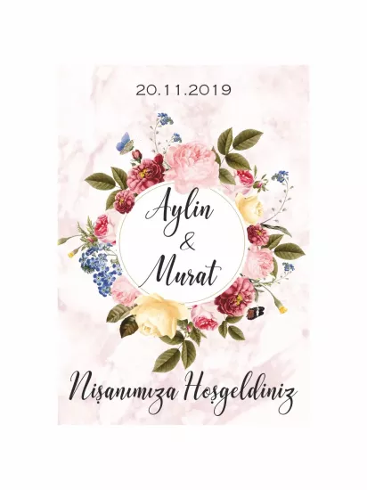 Söz Nişan Düğün Ayaklı Karşılama Panosu Modelleri ve Fiyatları – Pembe Mermer Zemin Çiçek Çelenkli Romantik Konsept | Zajabaskı