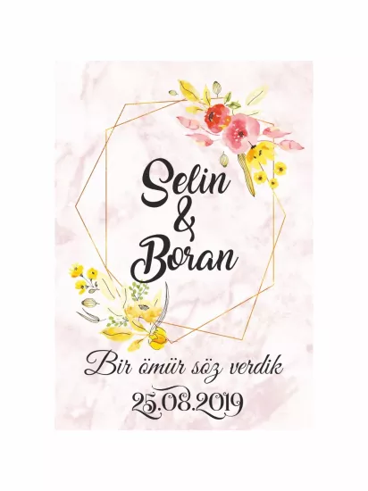 Söz Nişan Düğün Ayaklı Karşılama Panosu Modelleri ve Fiyatları – Pembe Mermer Zemin Gold Geometrik Çerçeveli Sarı Çiçekli Zarif Konsept | Zajabaskı