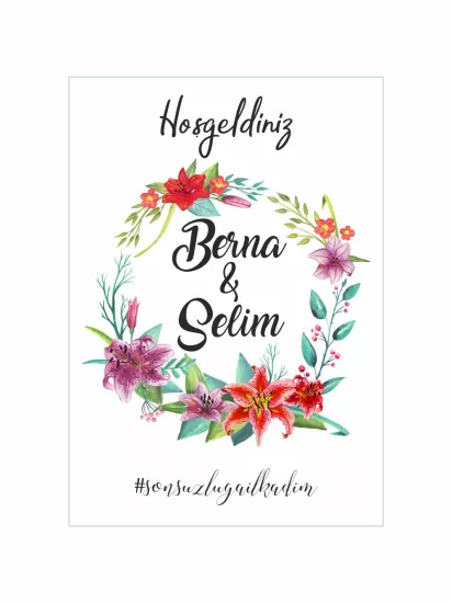 Söz Nişan Düğün Ayaklı Karşılama Panosu Modelleri ve Fiyatları – Renkli Çiçek Çelenkli Doğal Botanik Romantik Konsept | Zajabaskı
