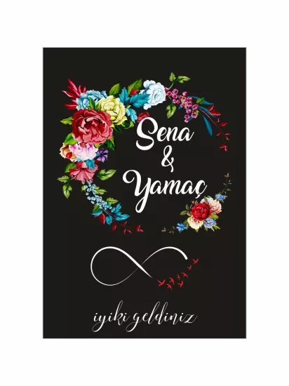 Söz Nişan Düğün Ayaklı Karşılama Panosu Modelleri ve Fiyatları – Siyah Zemin Renkli Çiçek Çelenkli Romantik Bahar Konsept | Zajabaskı