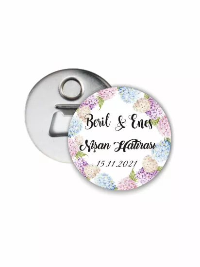 Söz Nişan Düğün Hatırası Açacak Magnet Mavi Lila Çiçek Tema | 58mm Magnet Açacak | Zajabaskı