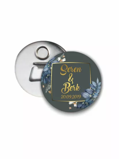Söz Nişan Düğün Hediyelik Açacak Magnet Mavi Çiçek Gold Çerçeve Tema | Zajabaskı