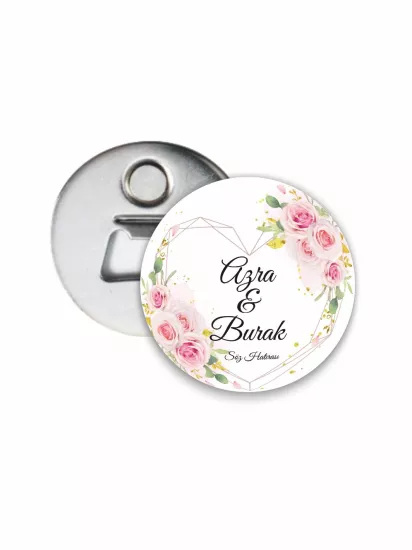 Söz Nişan Düğün Kalp Çiçek Çerçeve Açacak Magneti | 58mm Magnet Açacak | Zajabaskı