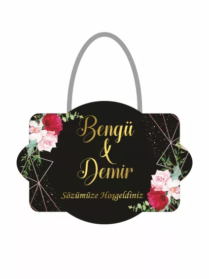 Siyah Zemin Boho Çiçek Söz Nişan Kapı Süsü | Modern Şık Kapı Süsü - Zajabaskı