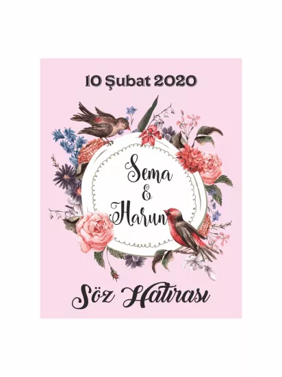 Söz Nişan Nikah Düğün Hatıra Magneti Modelleri ve Fiyatları – Pudra Zemin Kuş ve Çiçek Çelenkli Romantik Vintage Magnet | Zajabaskı