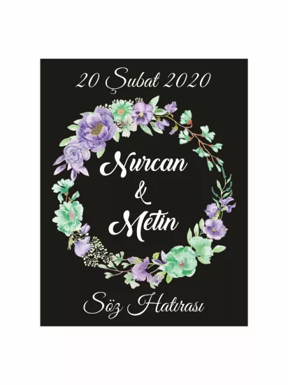 Söz Nişan Nikah Düğün Hatıra Magneti Modelleri ve Fiyatları – Siyah Zemin Mor Yeşil Çiçek Çelenkli Romantik Bahar Magnet | Zajabaskı