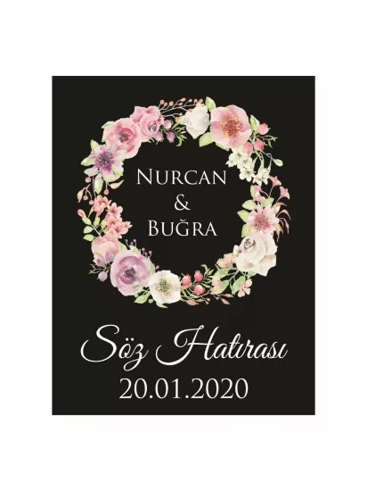 Söz Nişan Nikah Düğün Hatıra Magneti Modelleri ve Fiyatları – Siyah Zemin Pastel Çiçek Çelenkli Zarif Romantik Magnet | Zajabaskı
