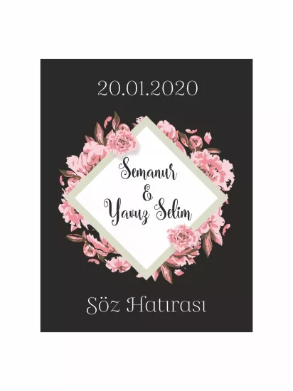 Söz Nişan Nikah Düğün Hatıra Magneti Modelleri ve Fiyatları – Siyah Zemin Pembe Çiçek Çelenkli Modern Romantik Magnet | Zajabaskı