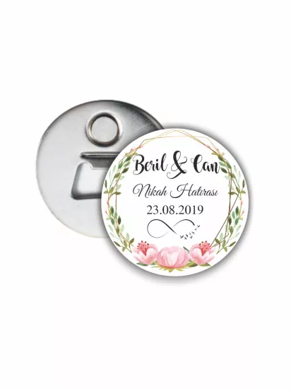 Söz Nişan Nikah Düğün Hediyelik Açacak Magnet Pembe Yeşil Çiçek Tema | 58mm Magnet Açacak | Zajabaskı