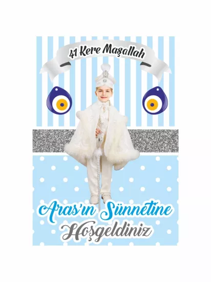 Mavi Beyaz 41 Kere Maşallah Sünnet Afişi Modelleri ve Fiyatları | Nazar Boncuklu Dikey Arka Fon – Zajabaskı