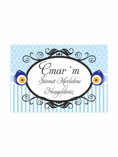 Mavi Damask Sünnet Afişi Modelleri ve Fiyatları | Siyah Oval Çerçeveli Yatay Arka Fon – Zajabaskı